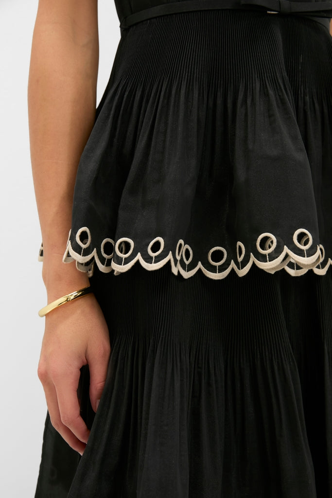 Black Embroidered Tiered Midi Dress