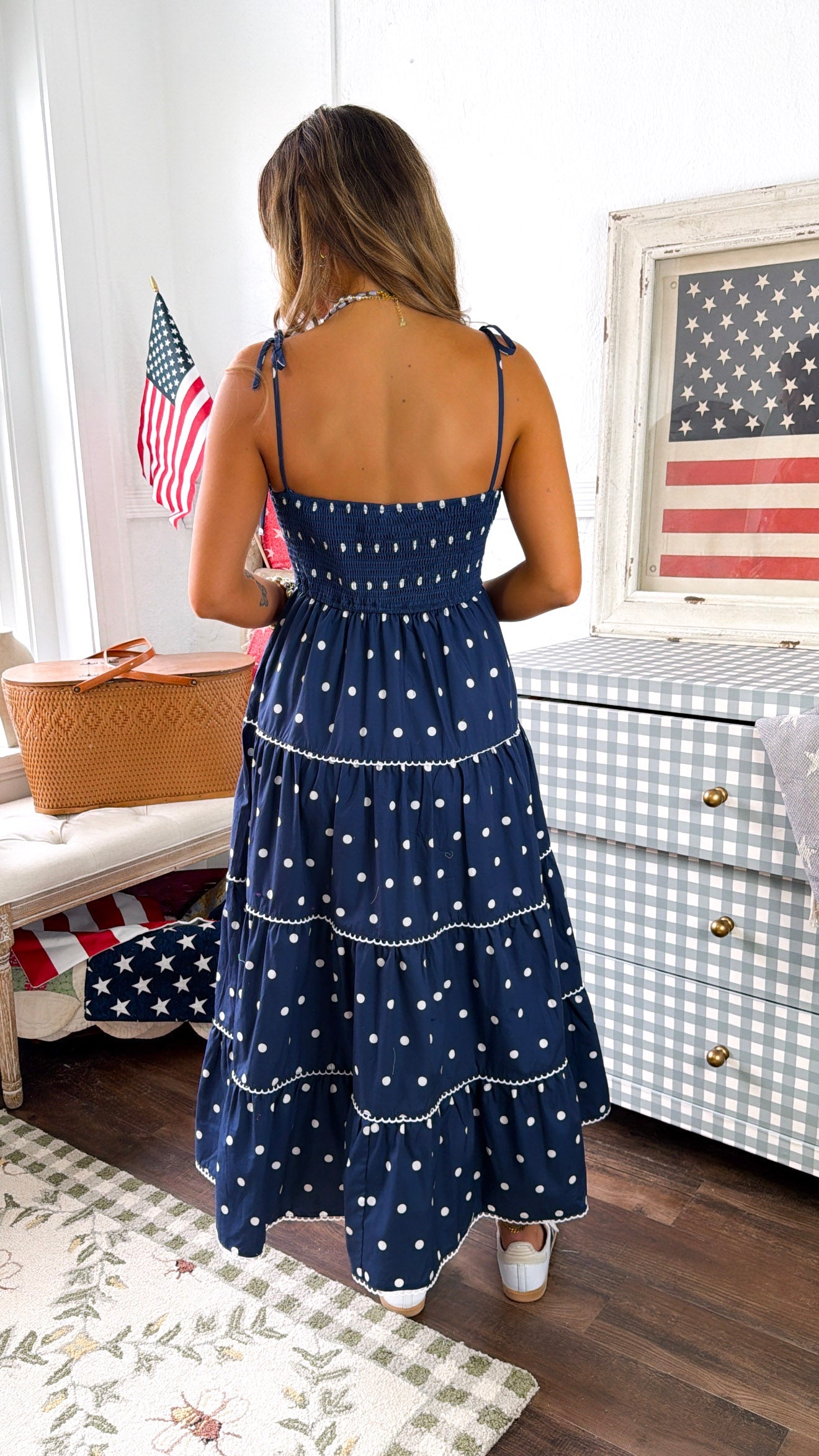 Mediterranean Midnight Polka Dot Dress, Navy