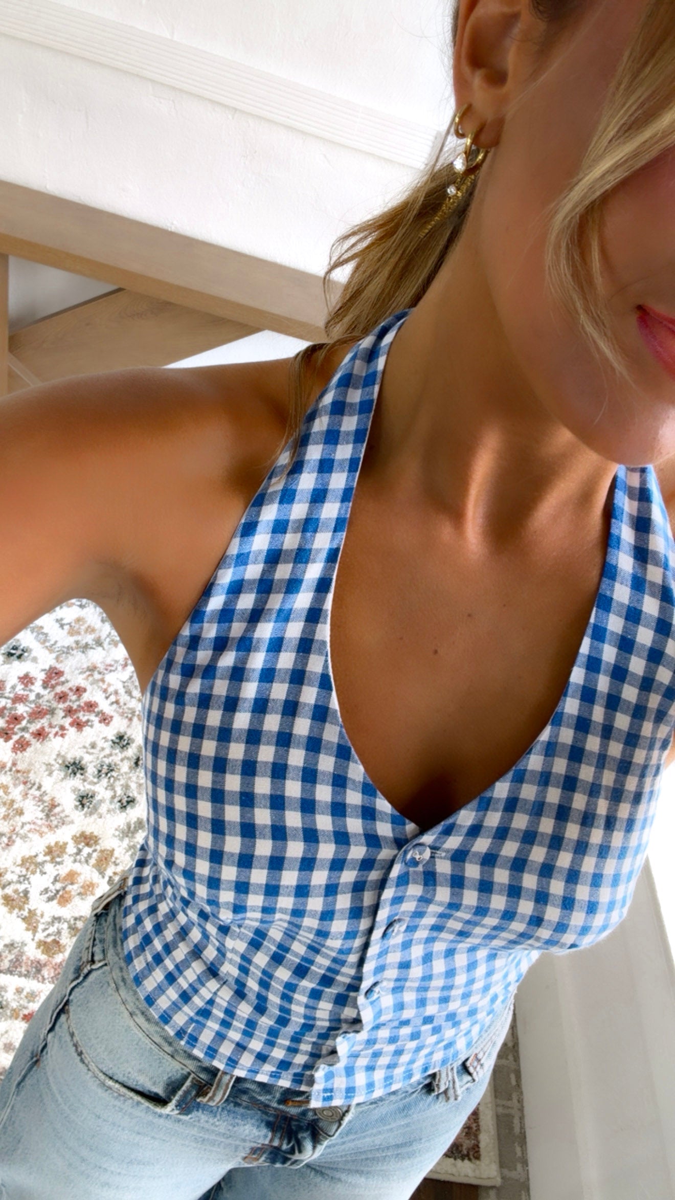 Gingham Halter Top, Blue