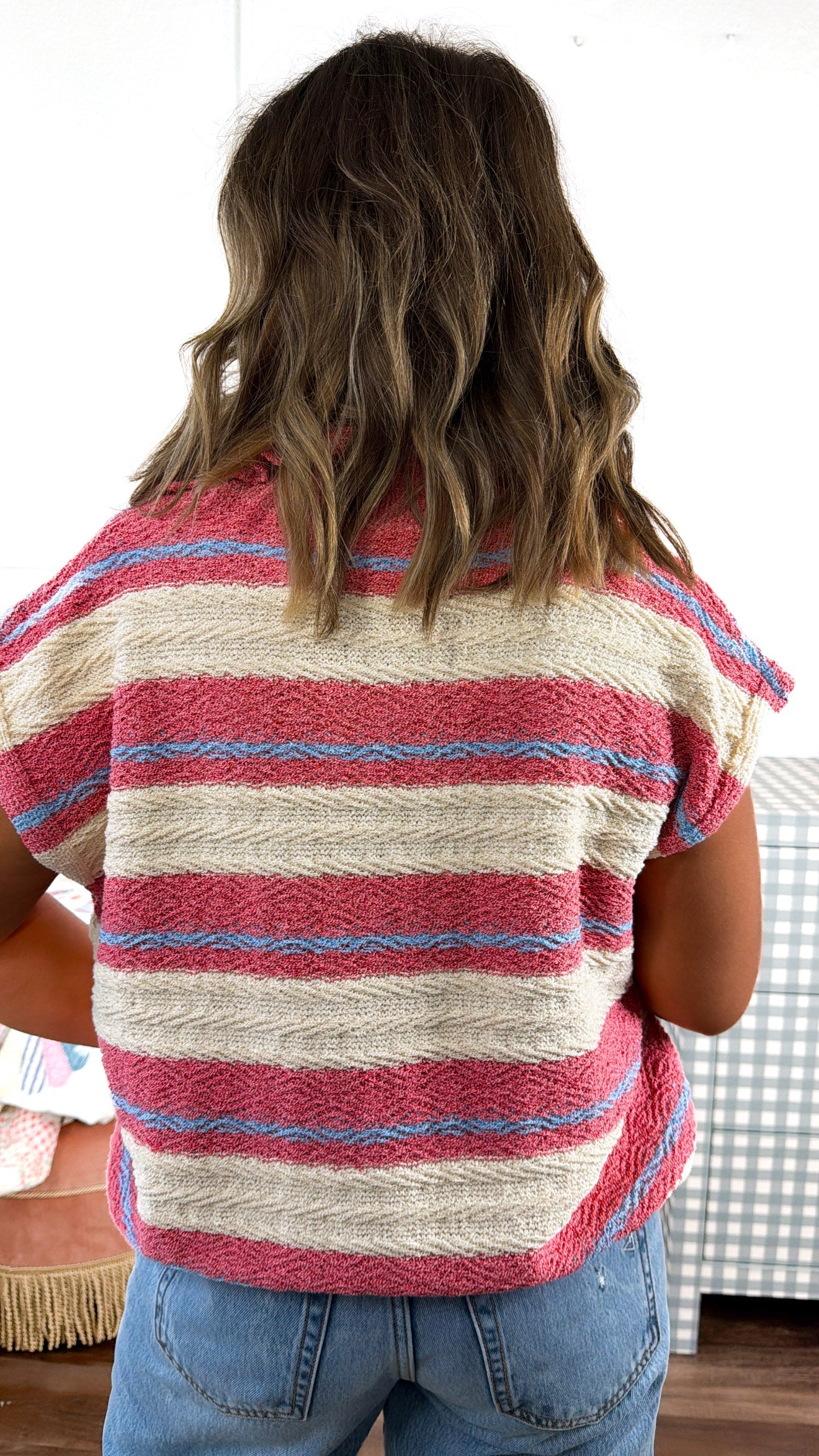 Collared Stripe Sweater Vest, Cream/Coral Red