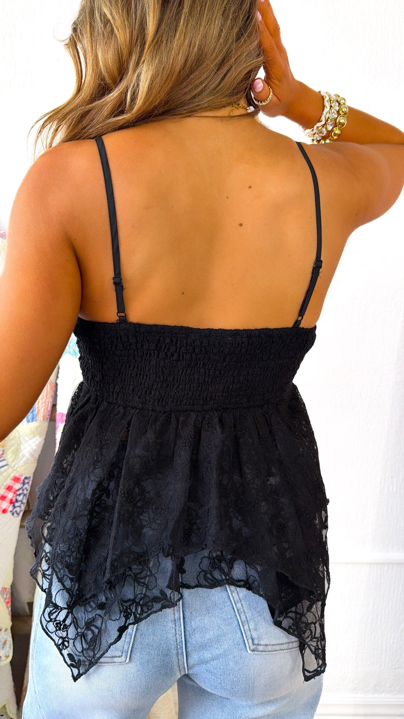 Drapey Lace Padded Tank Top, Black