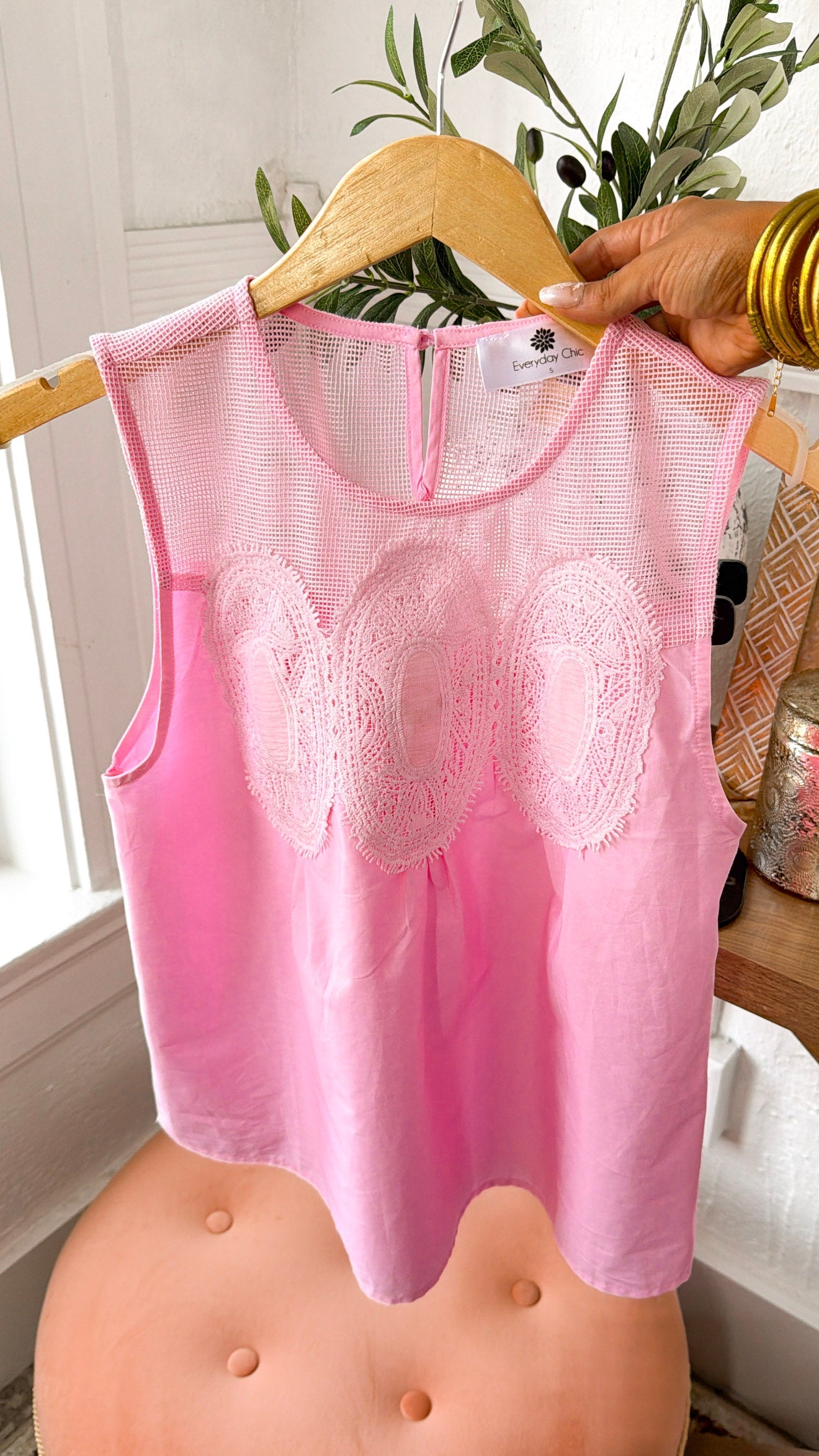 Contrasted Mesh Trimmed Top, Baby Pink