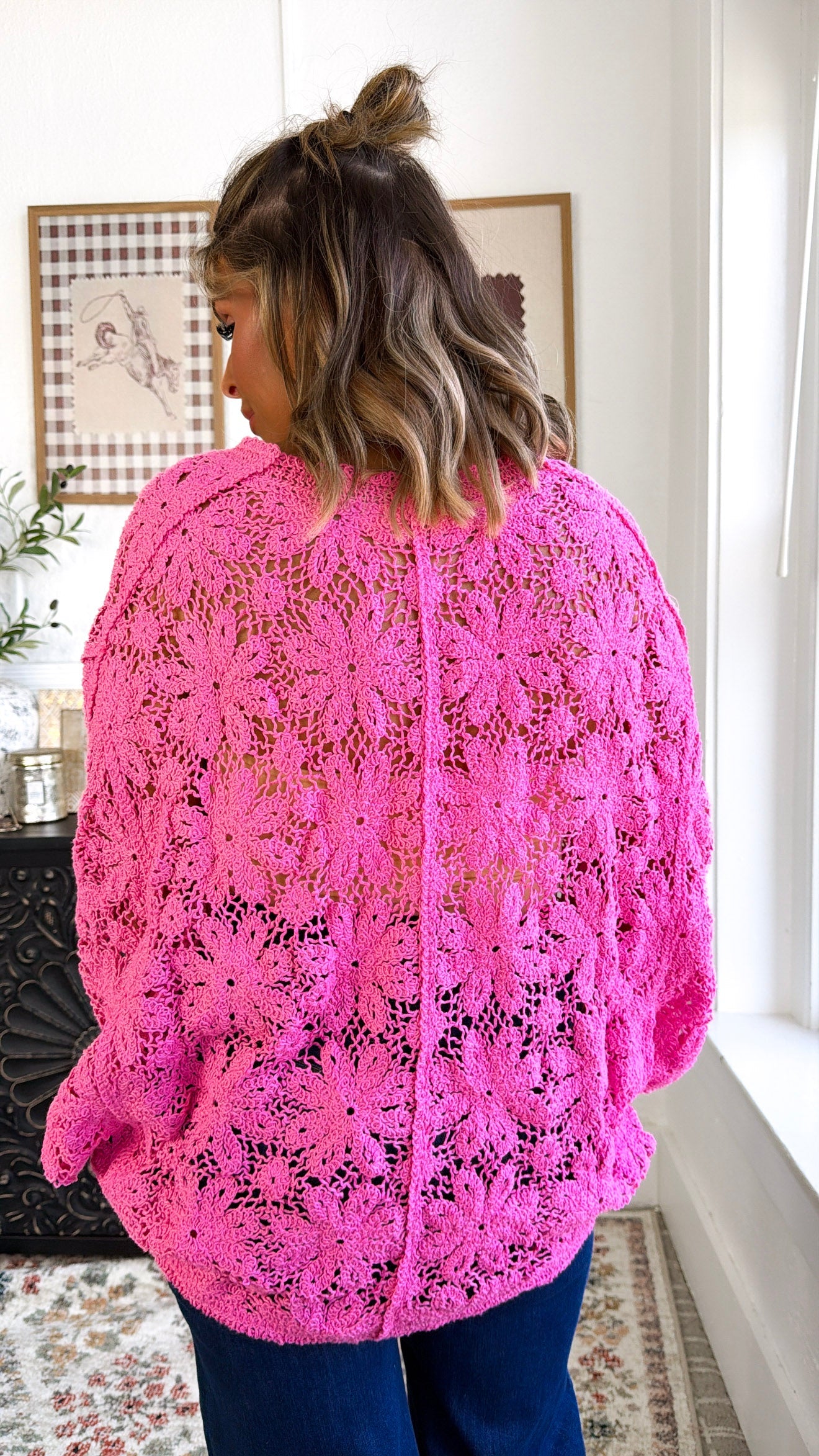 Black Bird Crochet Top, Bubble Gum
