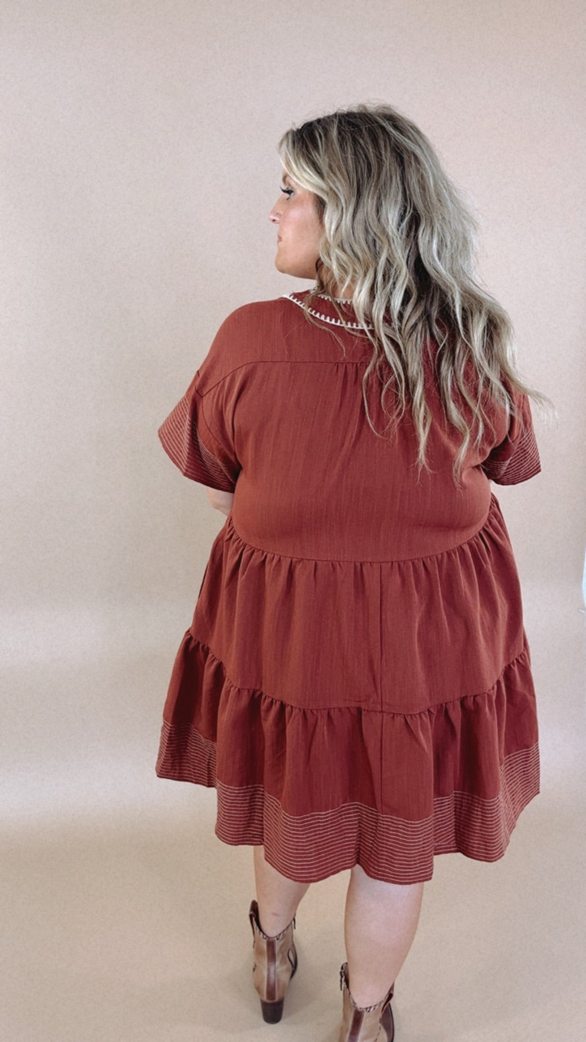 Emmy V Neck Embroidered Mini Dress, Rust