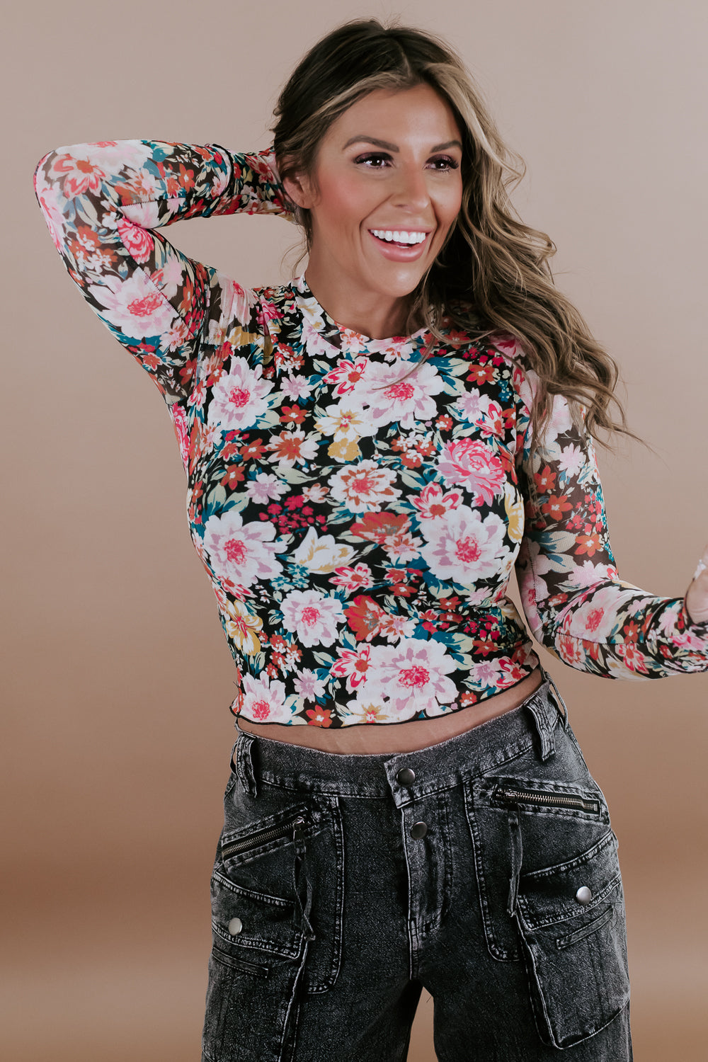 Floral Mesh Long Sleeve Top, Black