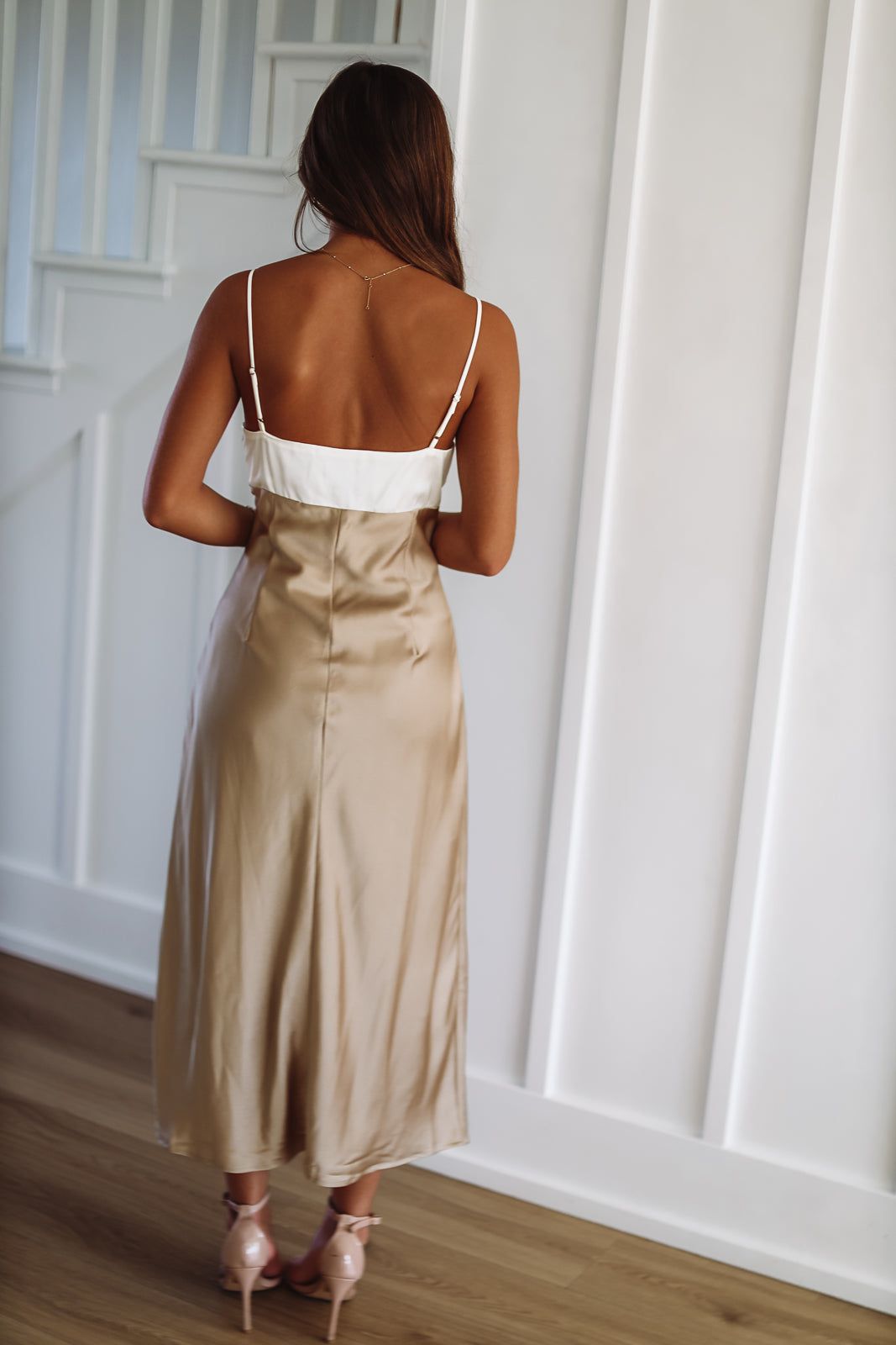 Fashionably On Time Satin Midi Dress - Ivory and Taupe