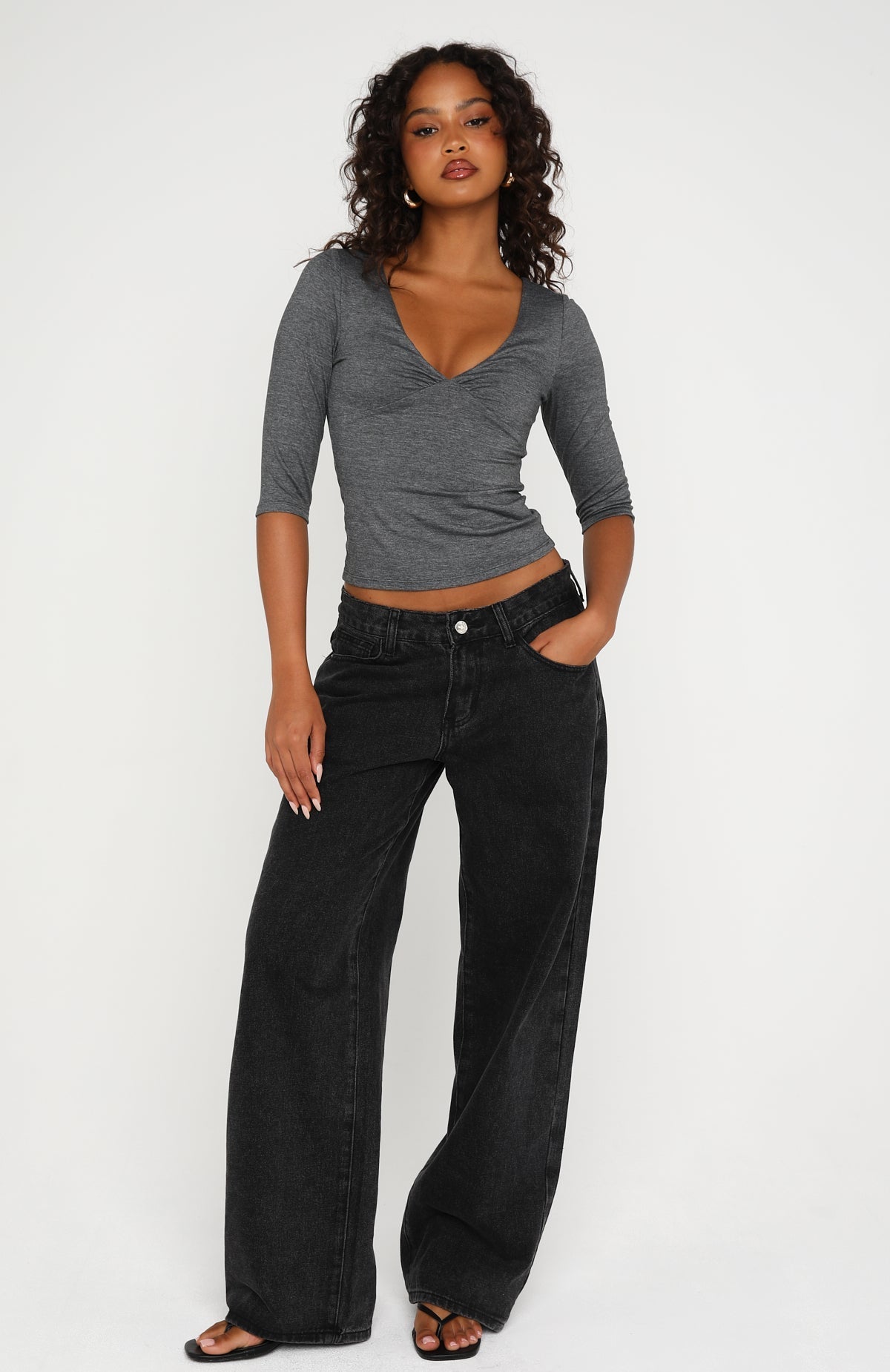 Little Bit Of Everything 3/4 Sleeve V Neck Top Charcoal Marle