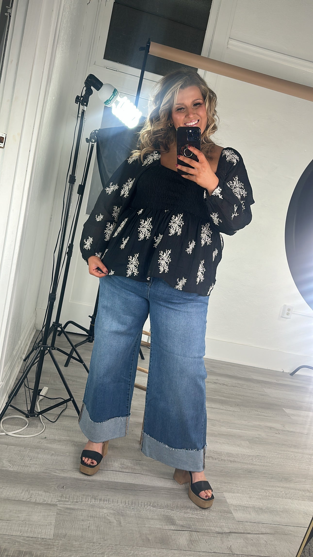All About Details Embroidered Smocked Blouse, Black