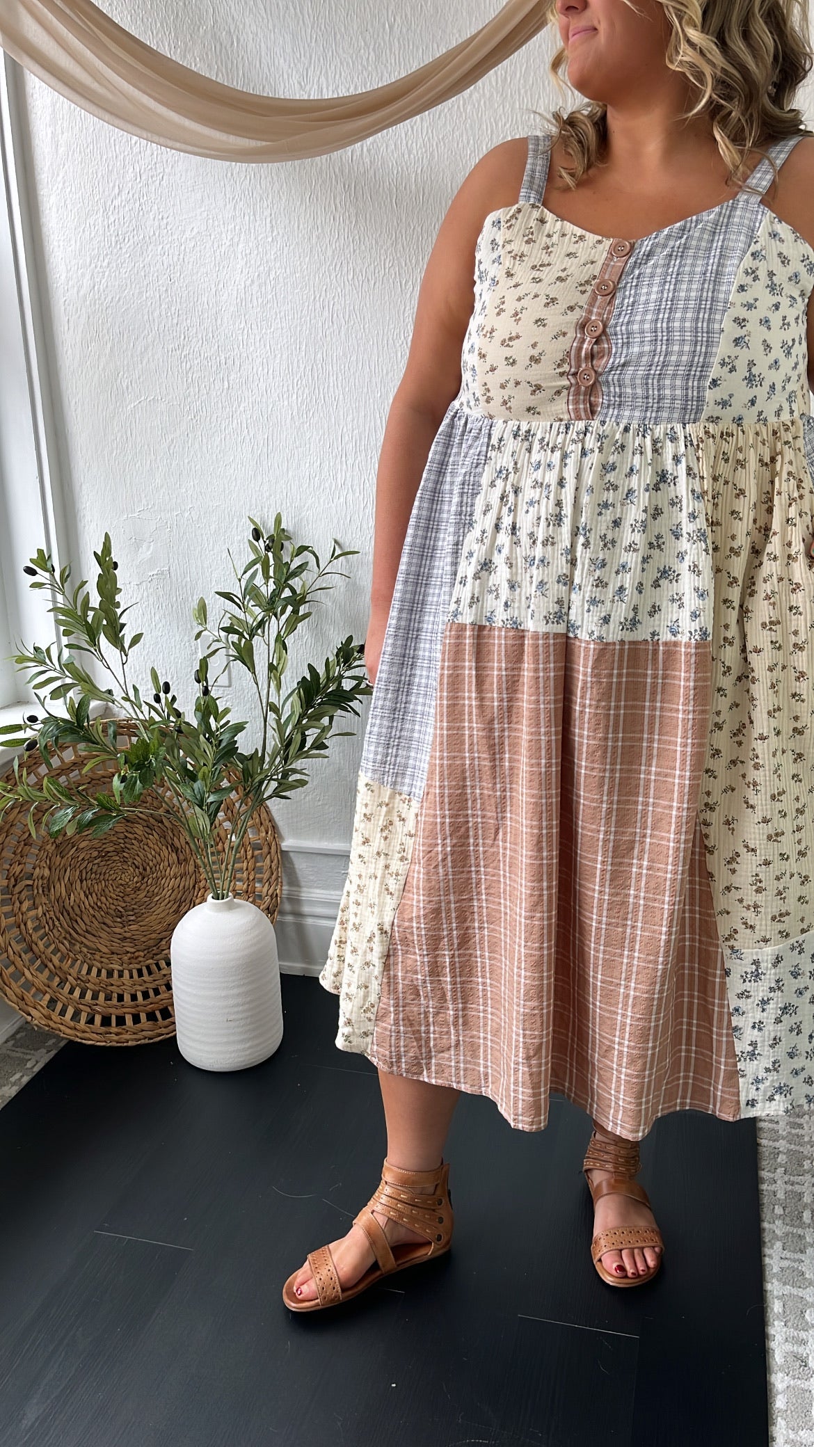Patchwork Blooms Midi Dress, Ivory