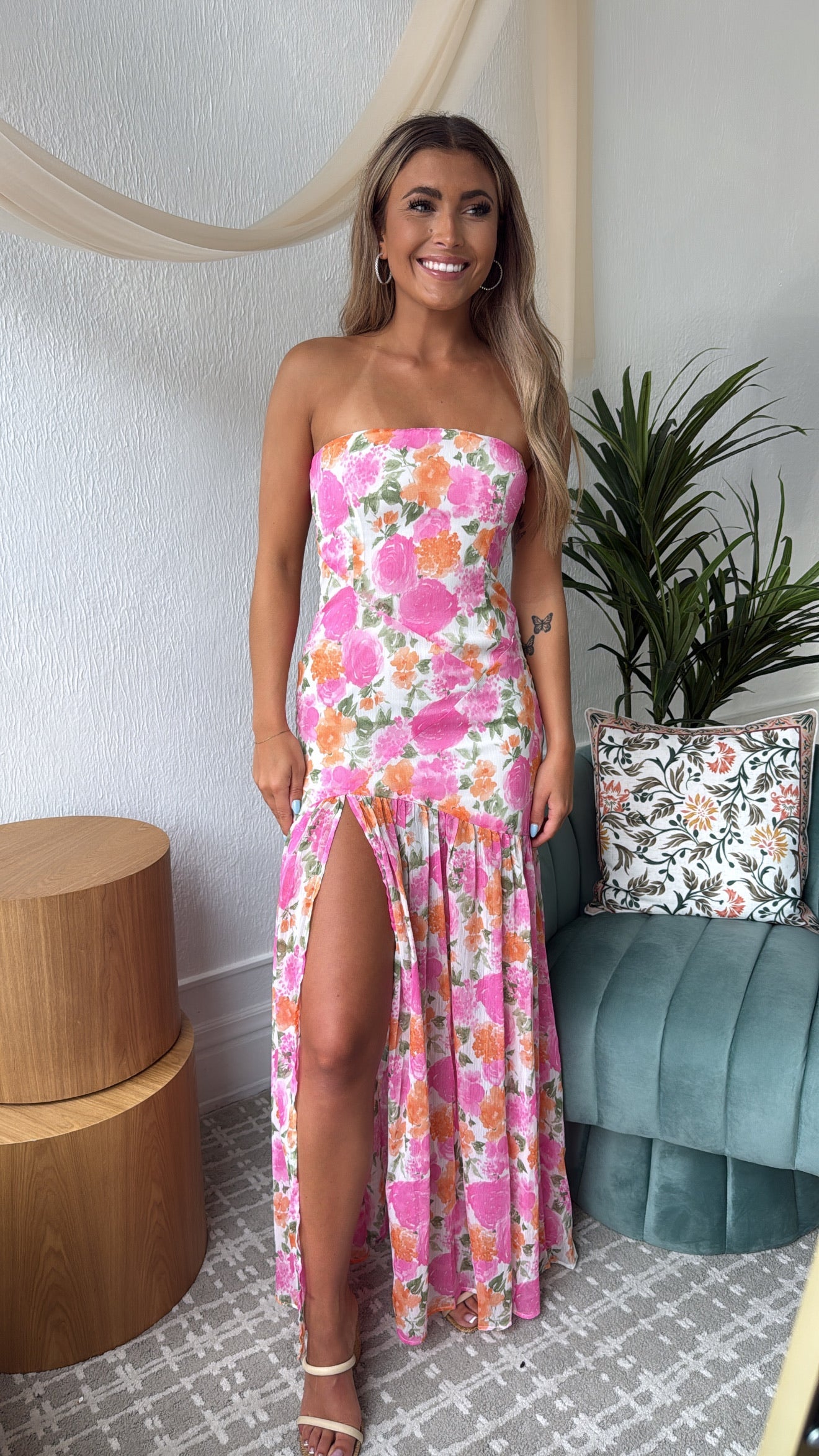 Maelis Midi Dress, Off- White & Pink