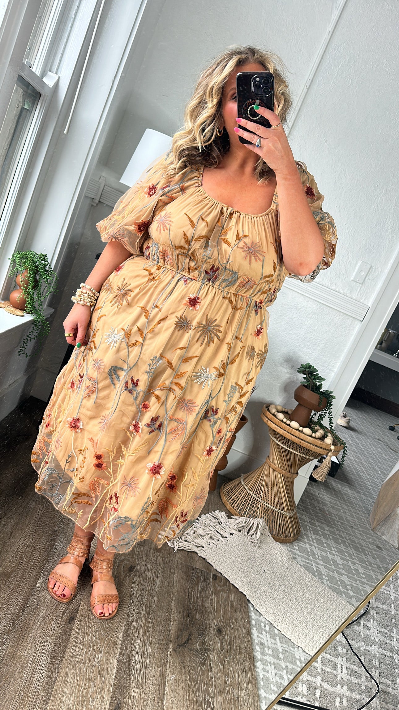 Blossom Meadows Embroidered Dress, Camel