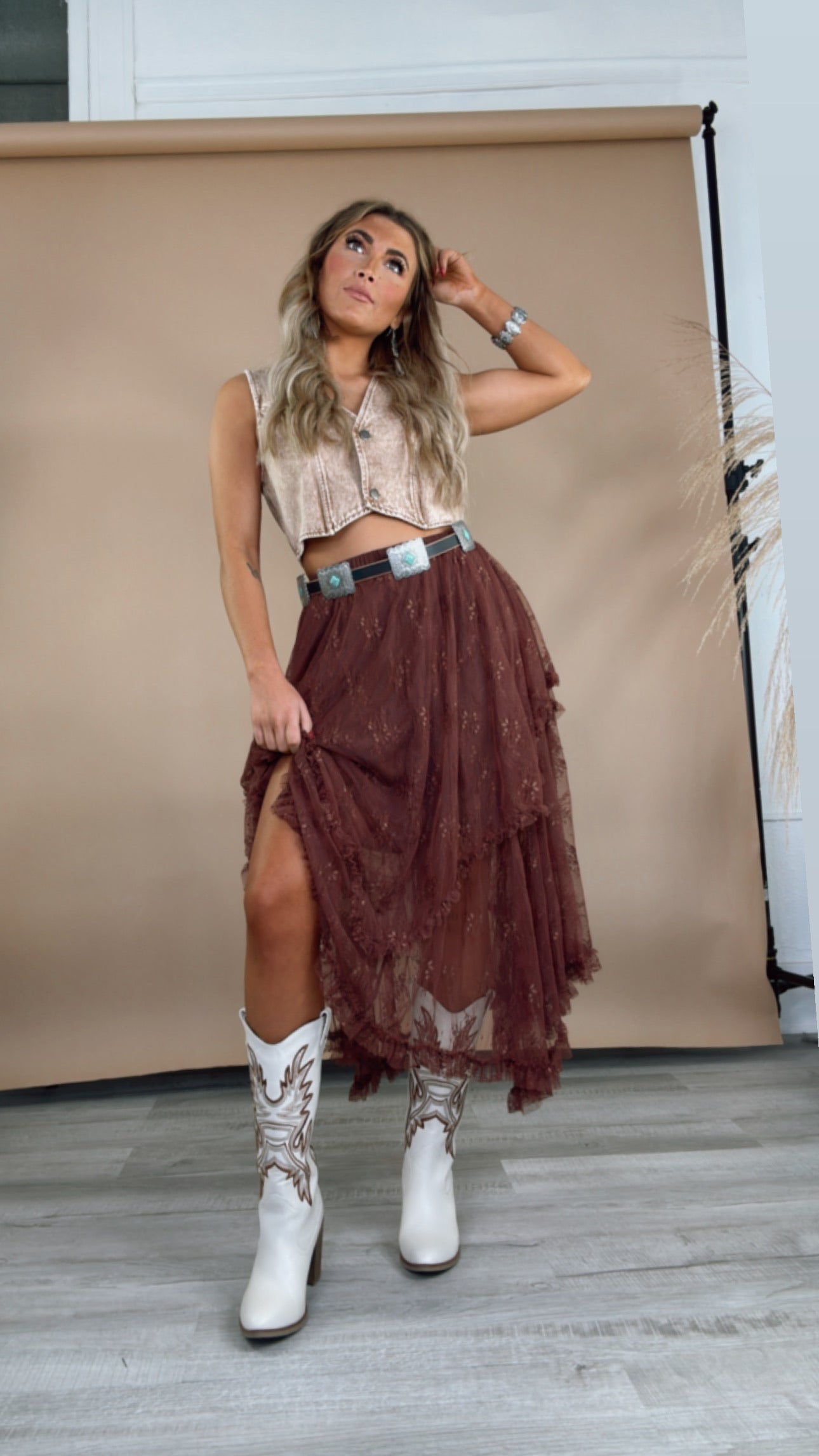 Delicate Dreams Embellished Lace Skirt, Chestnut