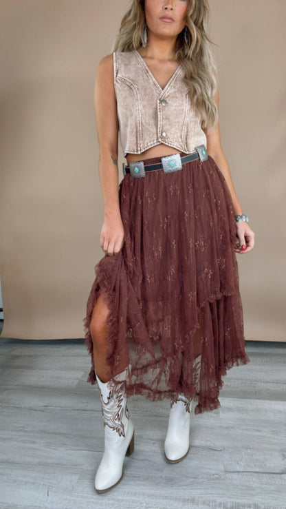 Delicate Dreams Embellished Lace Skirt, Chestnut