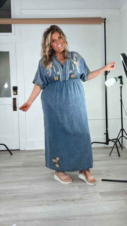 Chambray Stitch & Bloom Embroidered Maxi Dress, Denim