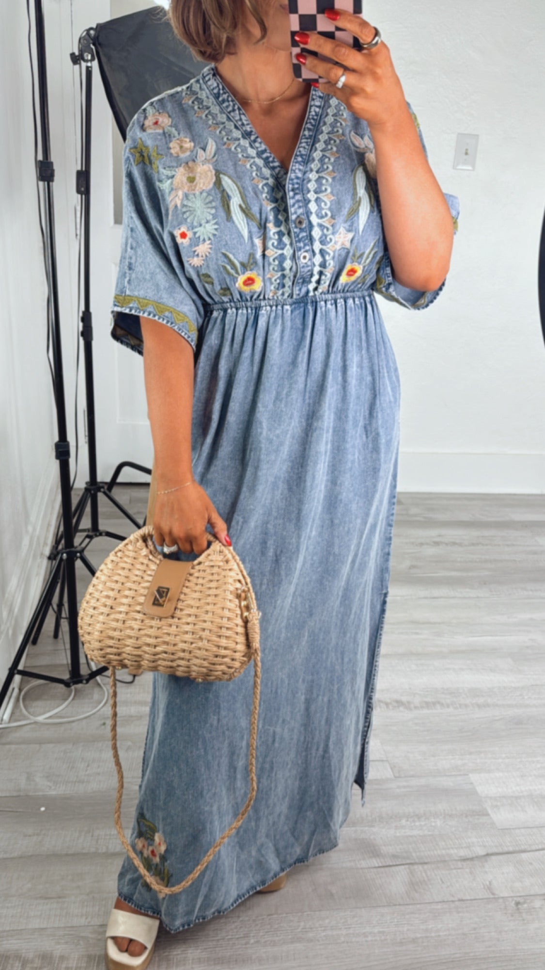 Chambray Stitch & Bloom Embroidered Maxi Dress, Denim