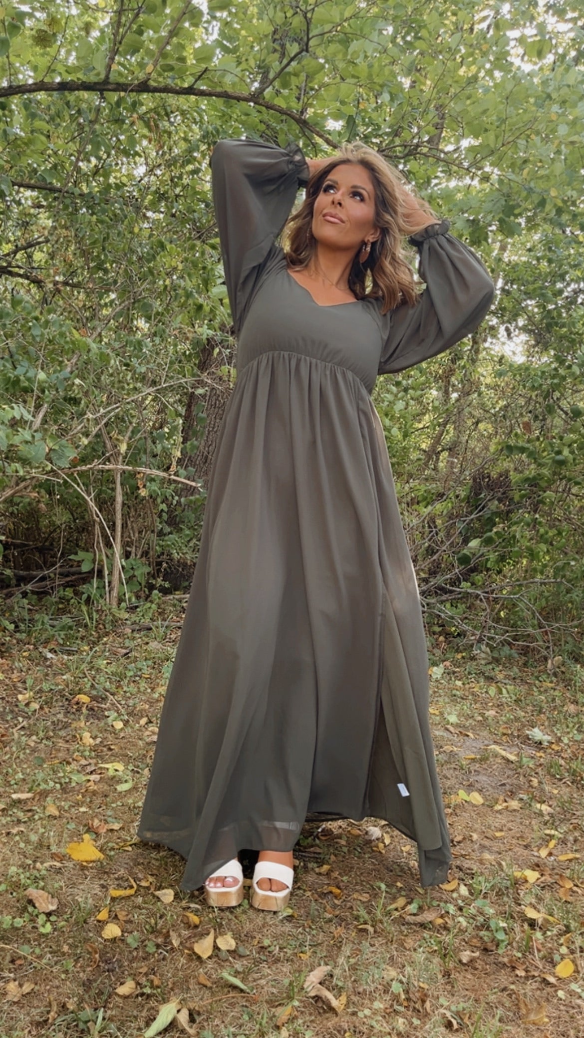ECB Exclusive: Timeless Romantic Chiffon Maxi Dress, Olive