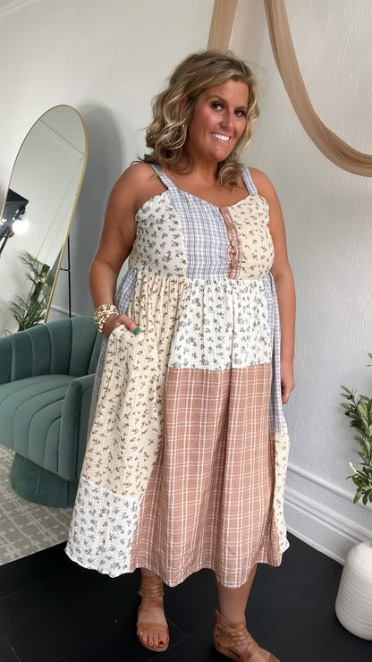 Patchwork Blooms Midi Dress, Ivory