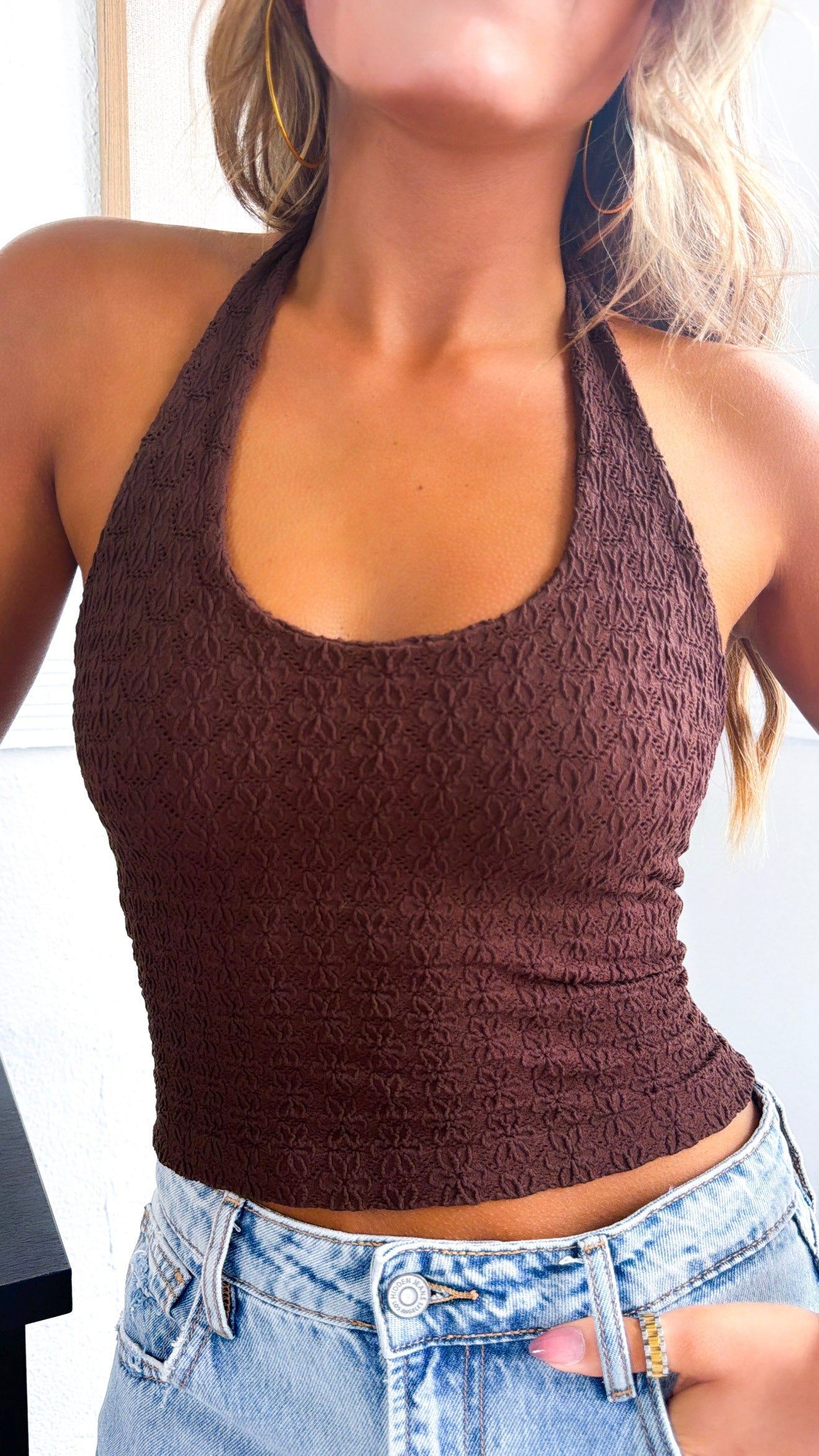 Floral Lace Halter Top, Coffee Bean