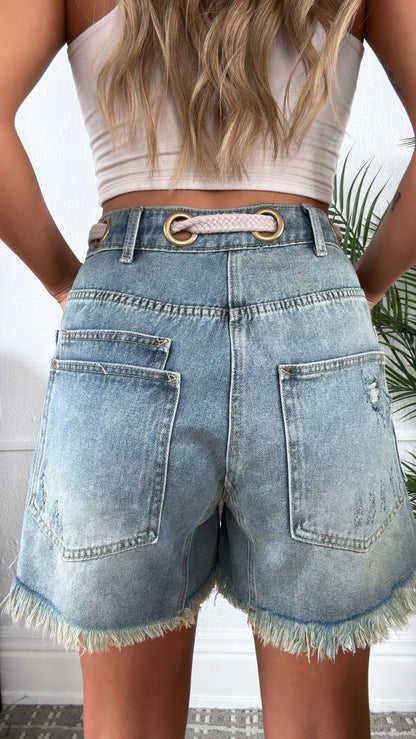 New Point Of View Braided Belt Shorts, Denim