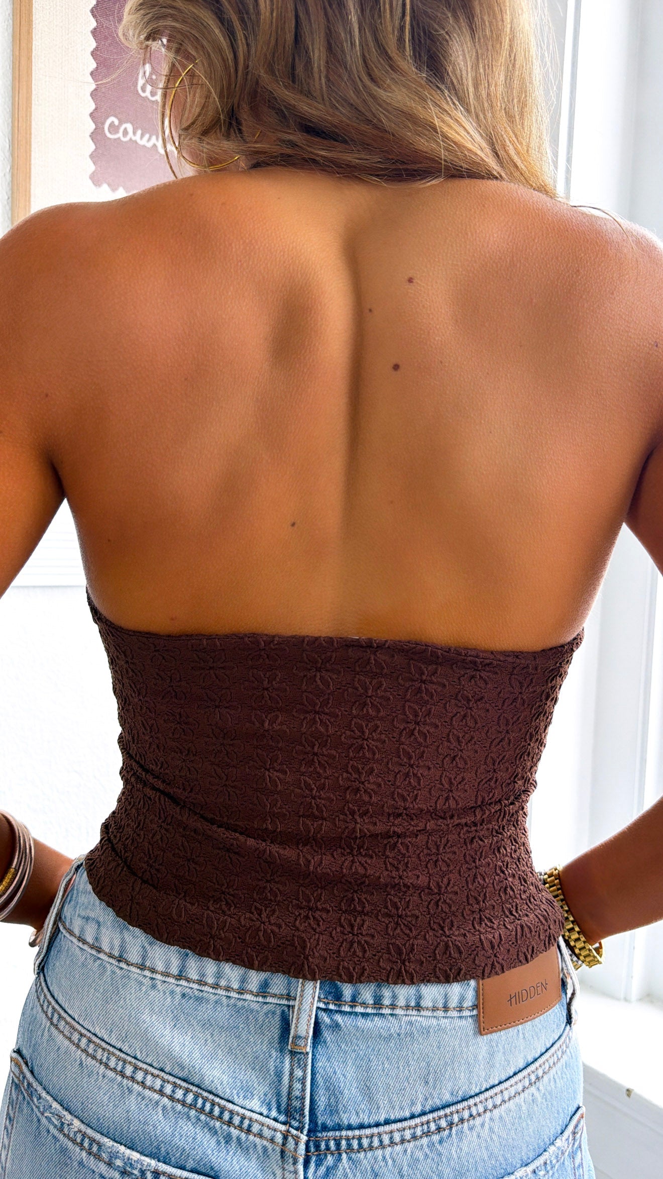 Floral Lace Halter Top, Coffee Bean