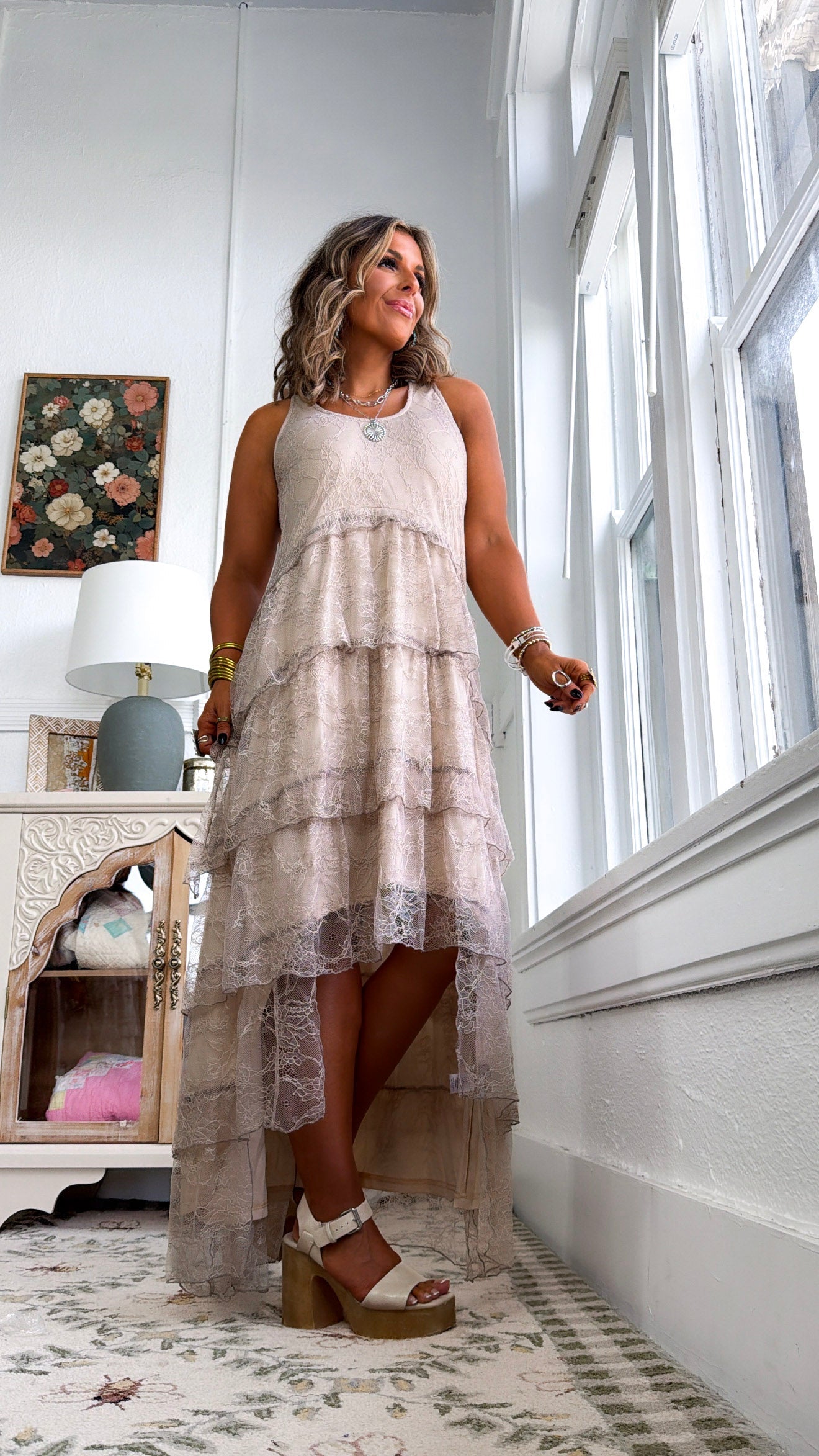 Honeylace Midi Dress, Taupe