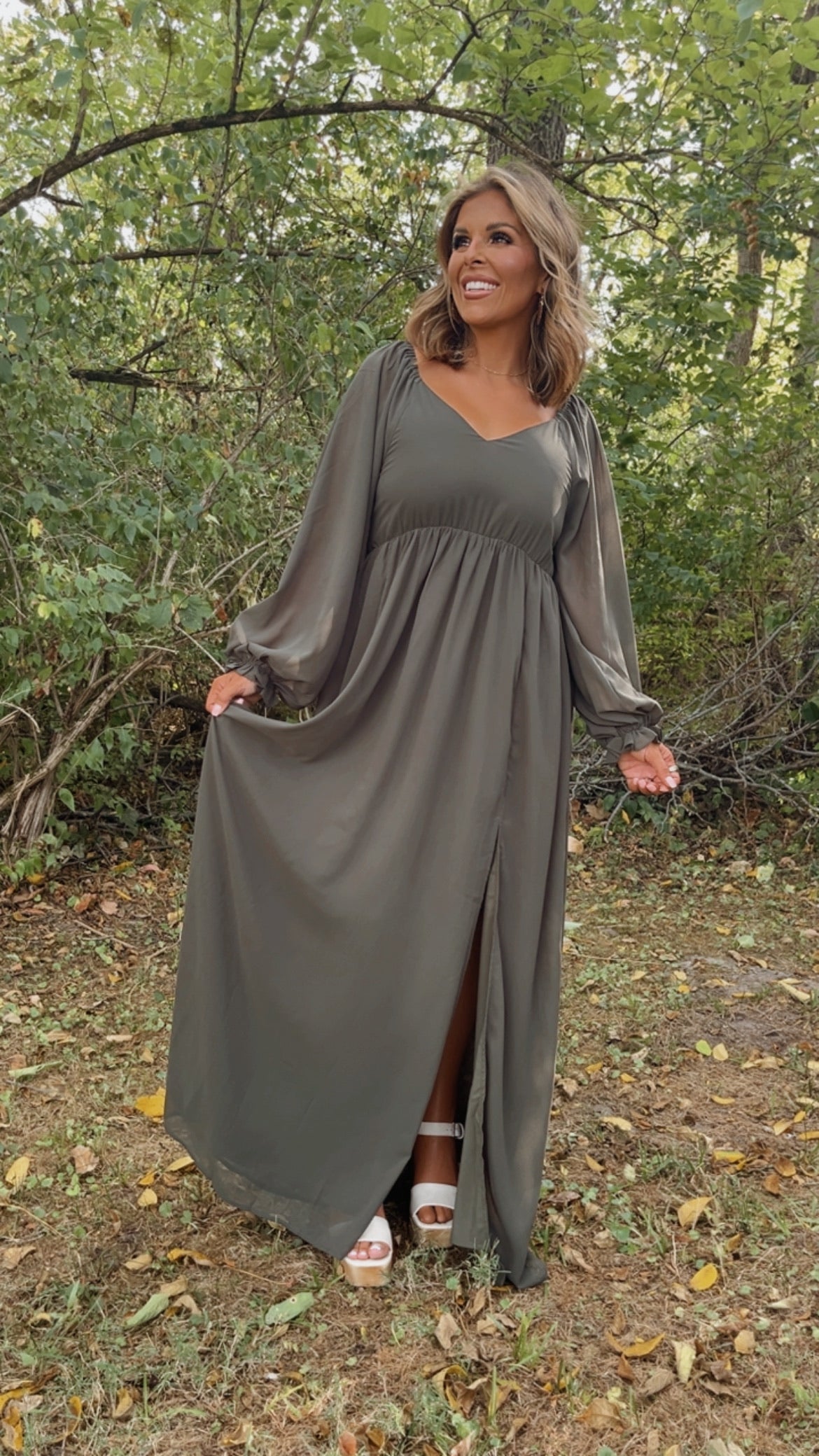 ECB Exclusive: Timeless Romantic Chiffon Maxi Dress, Olive