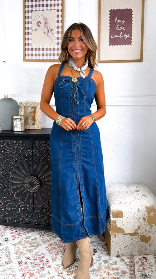 Dakota Lace Up Maxi Dress, Washed Denim