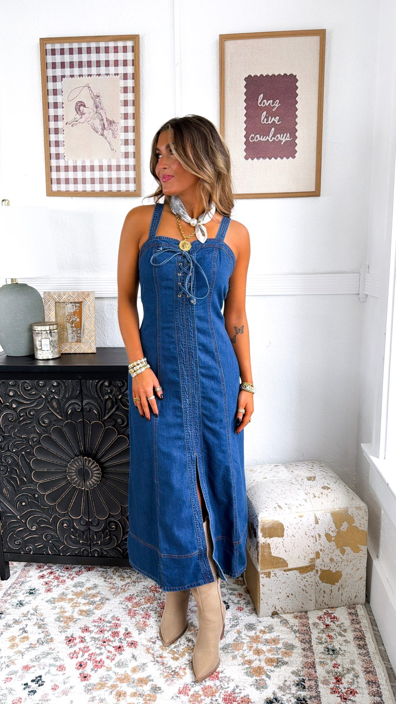 Dakota Lace Up Maxi Dress, Washed Denim