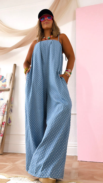 Polka Dot Blues Jumpsuit, Medium Denim