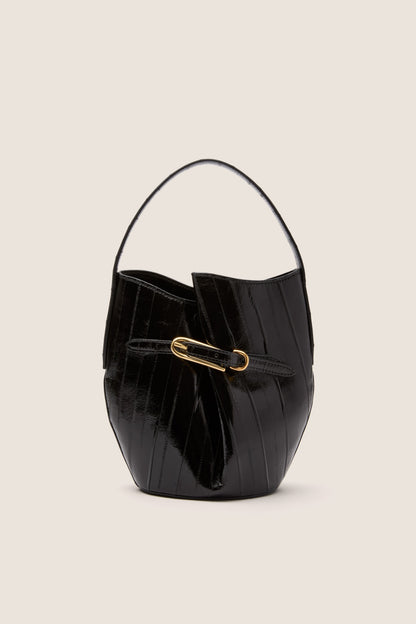 Black Eel Skin Mini Belted Bucket Bag