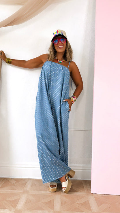 Polka Dot Blues Jumpsuit, Medium Denim