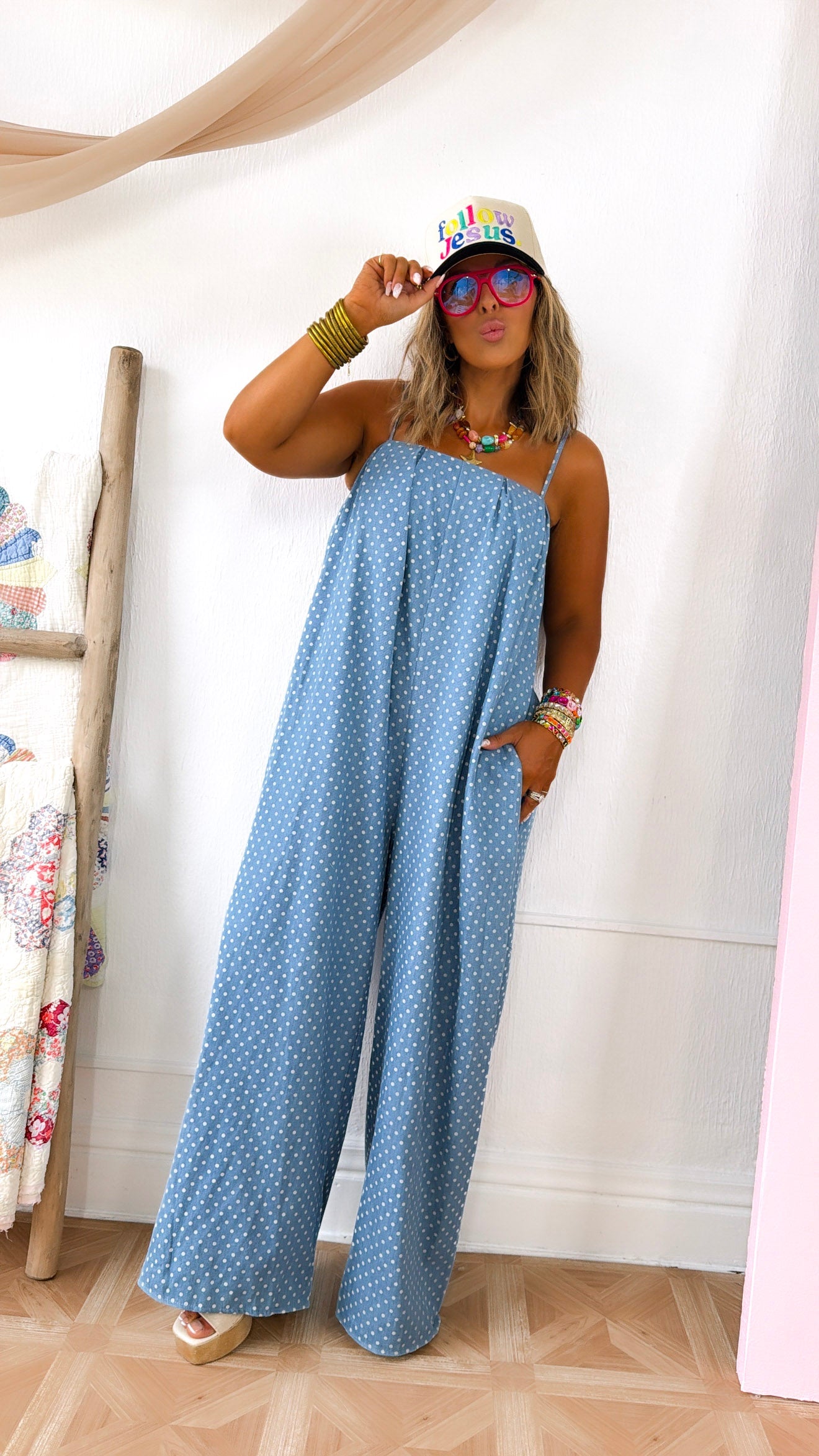 Polka Dot Blues Jumpsuit, Medium Denim