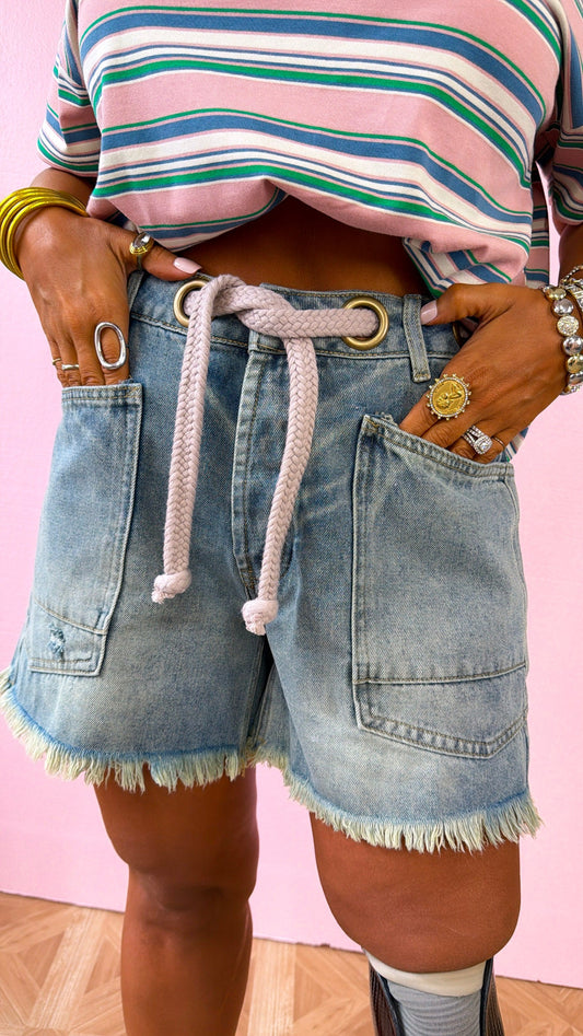 New Point Of View Braided Belt Shorts, Denim