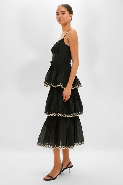 Black Embroidered Tiered Midi Dress