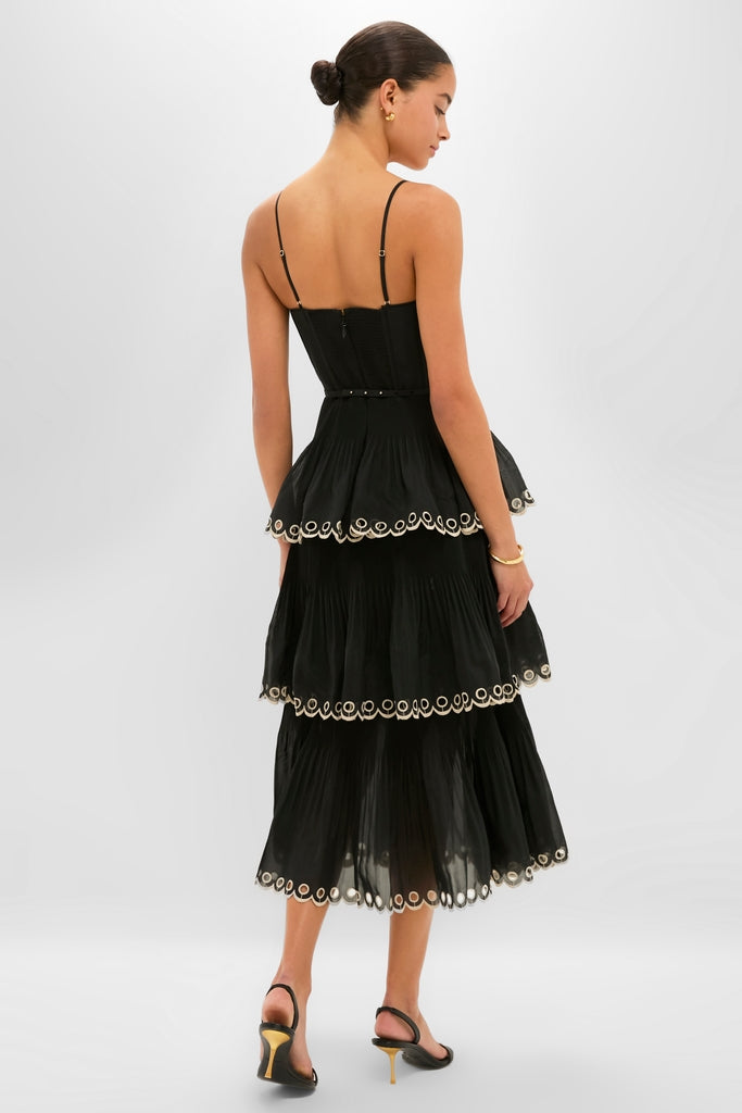 Black Embroidered Tiered Midi Dress
