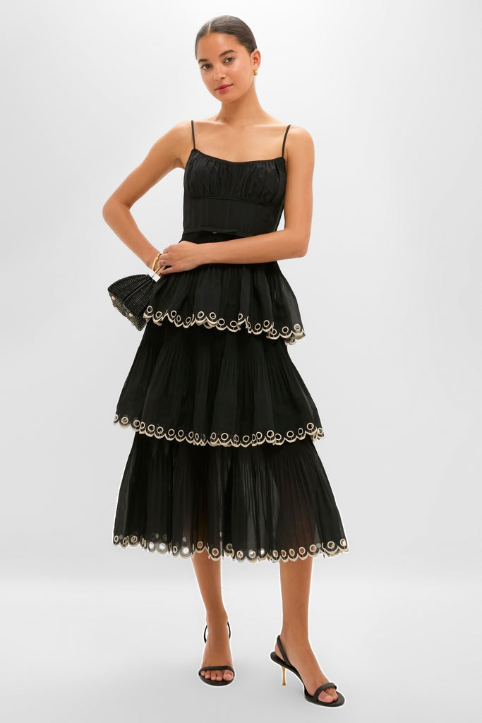 Black Embroidered Tiered Midi Dress