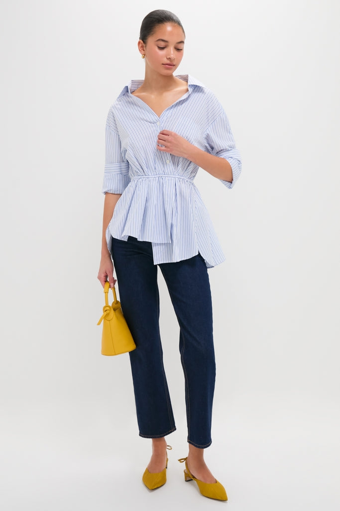 Blue Stripe Falling Off the Shoulder Shirt