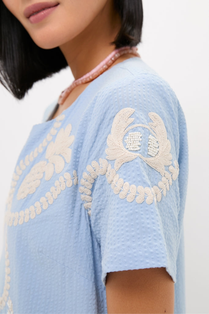 Blue Seersucker Embroidered James Dress