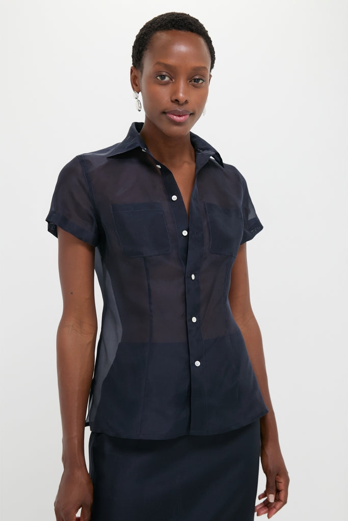 Atlantic Silk Organza Woven Short Sleeve Button Down