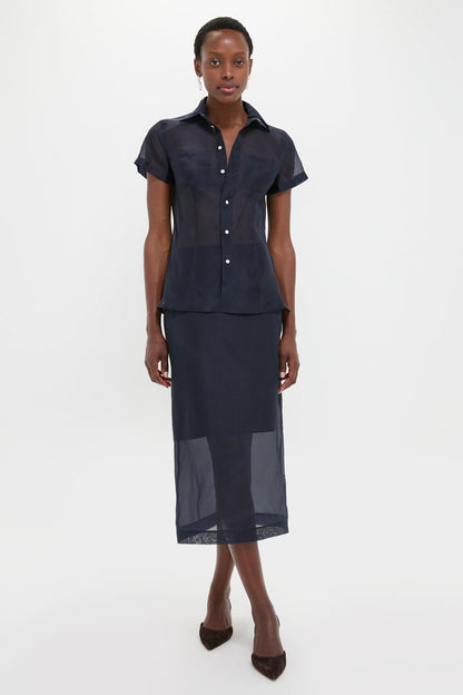 Atlantic Silk Organza Woven Short Sleeve Button Down