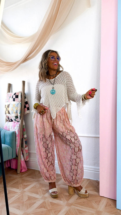 Floral Lace Balloon Joggers, Blush/Peach