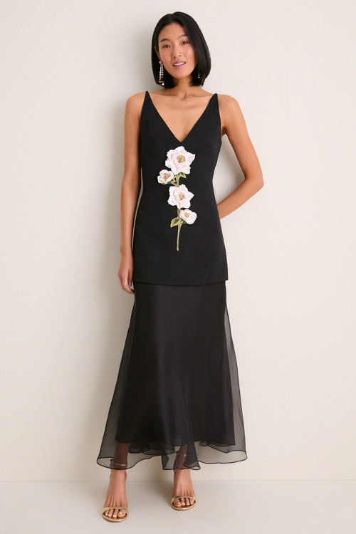 Black and Pink Peony Embroidered V Neck Dress