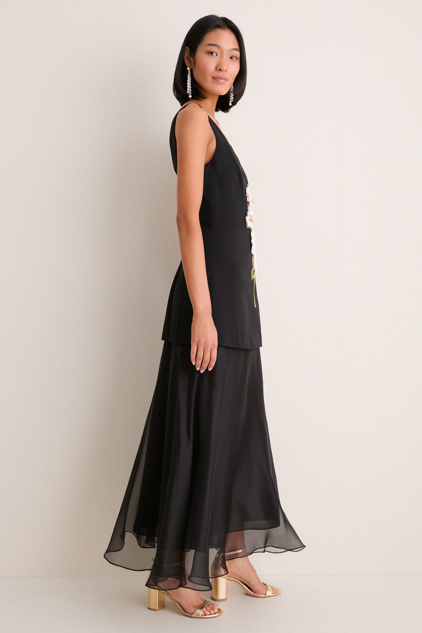 Black and Pink Peony Embroidered V Neck Dress