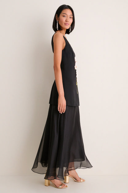 Black and Pink Peony Embroidered V Neck Dress