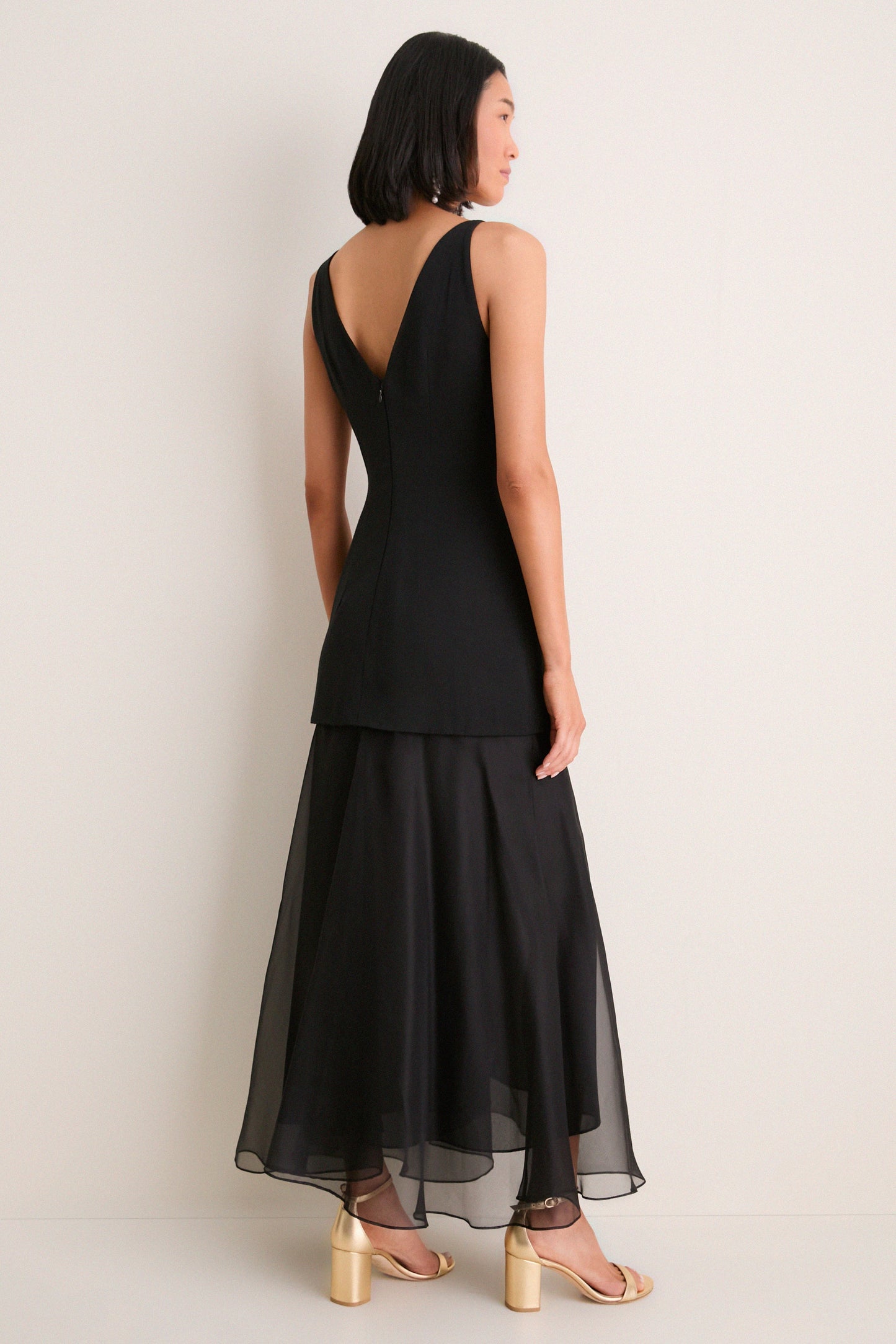 Black and Pink Peony Embroidered V Neck Dress