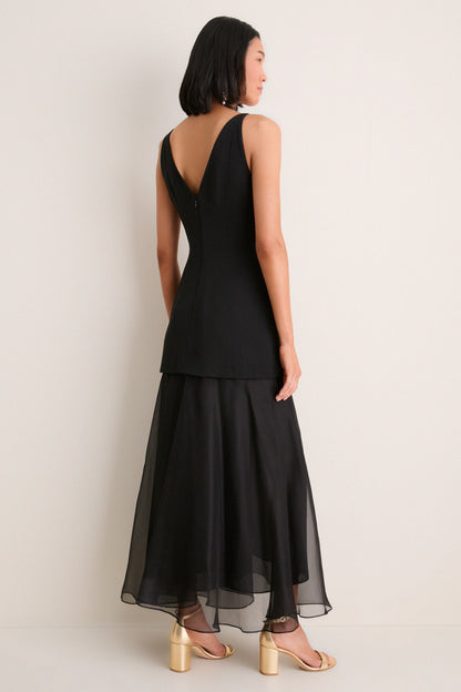 Black and Pink Peony Embroidered V Neck Dress