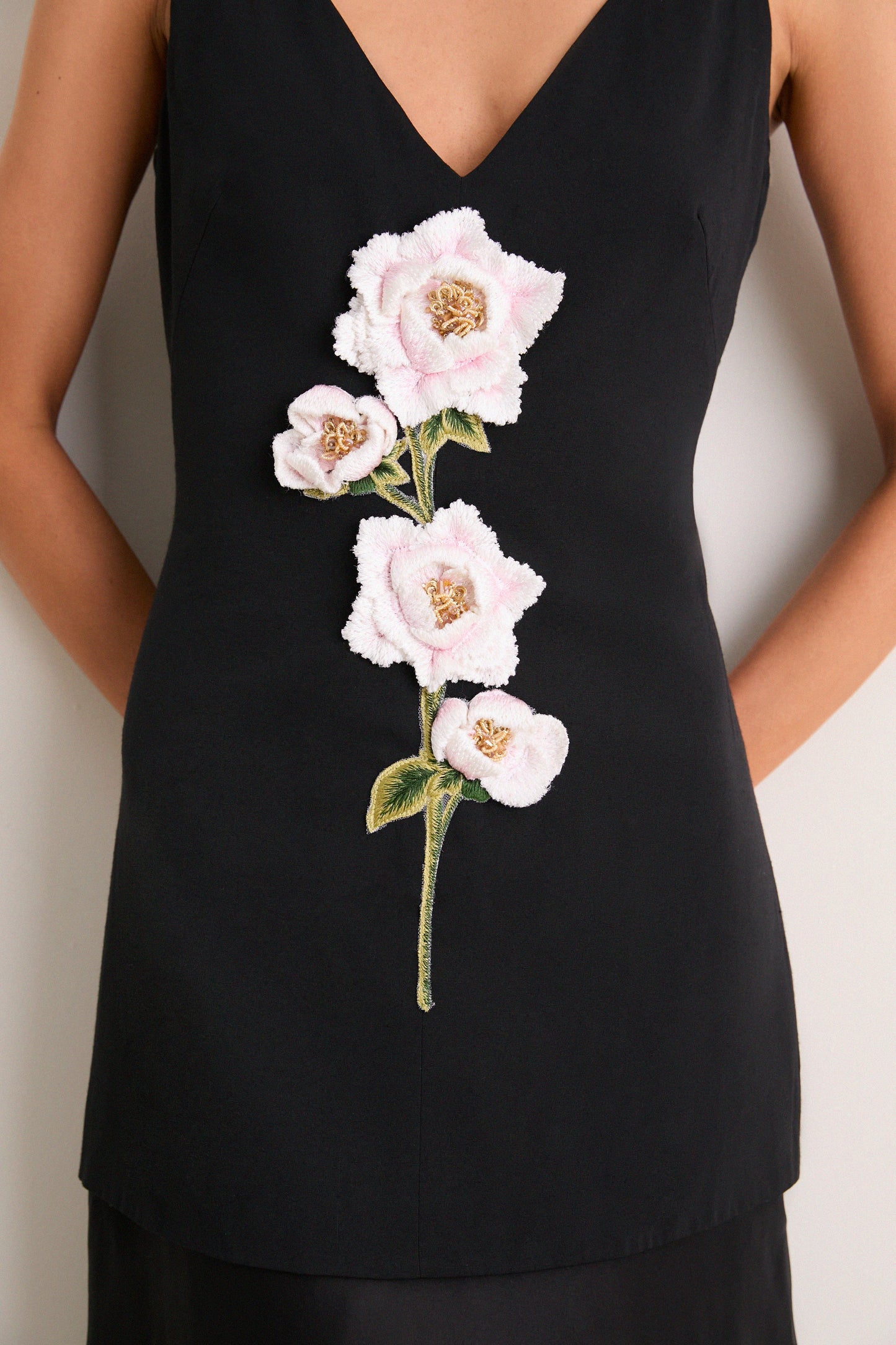 Black and Pink Peony Embroidered V Neck Dress