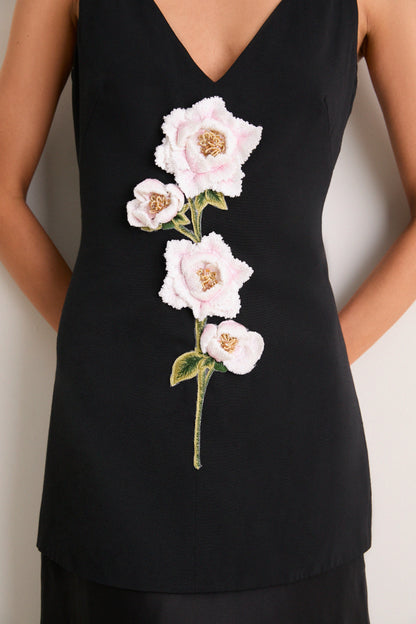Black and Pink Peony Embroidered V Neck Dress