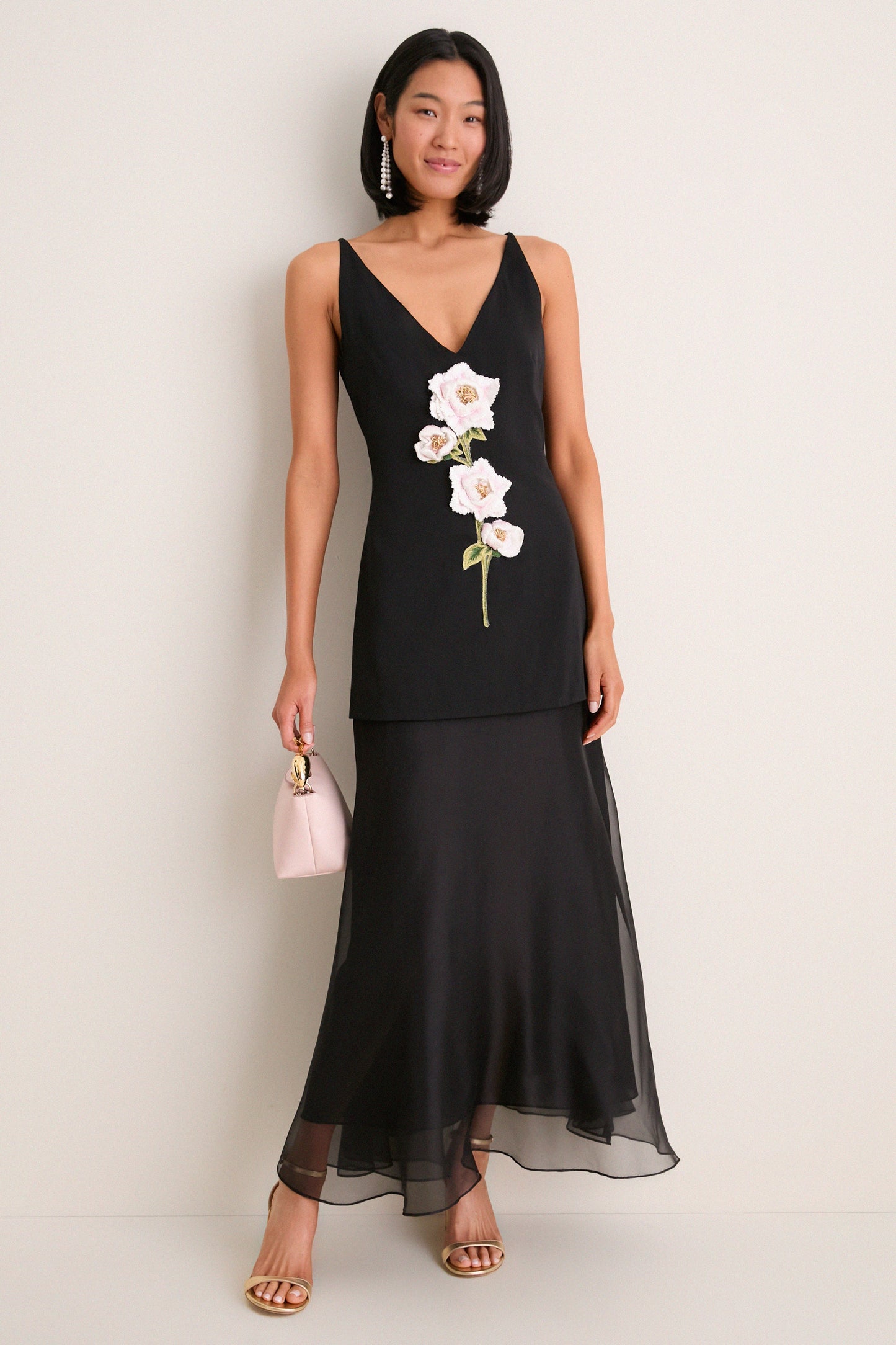 Black and Pink Peony Embroidered V Neck Dress