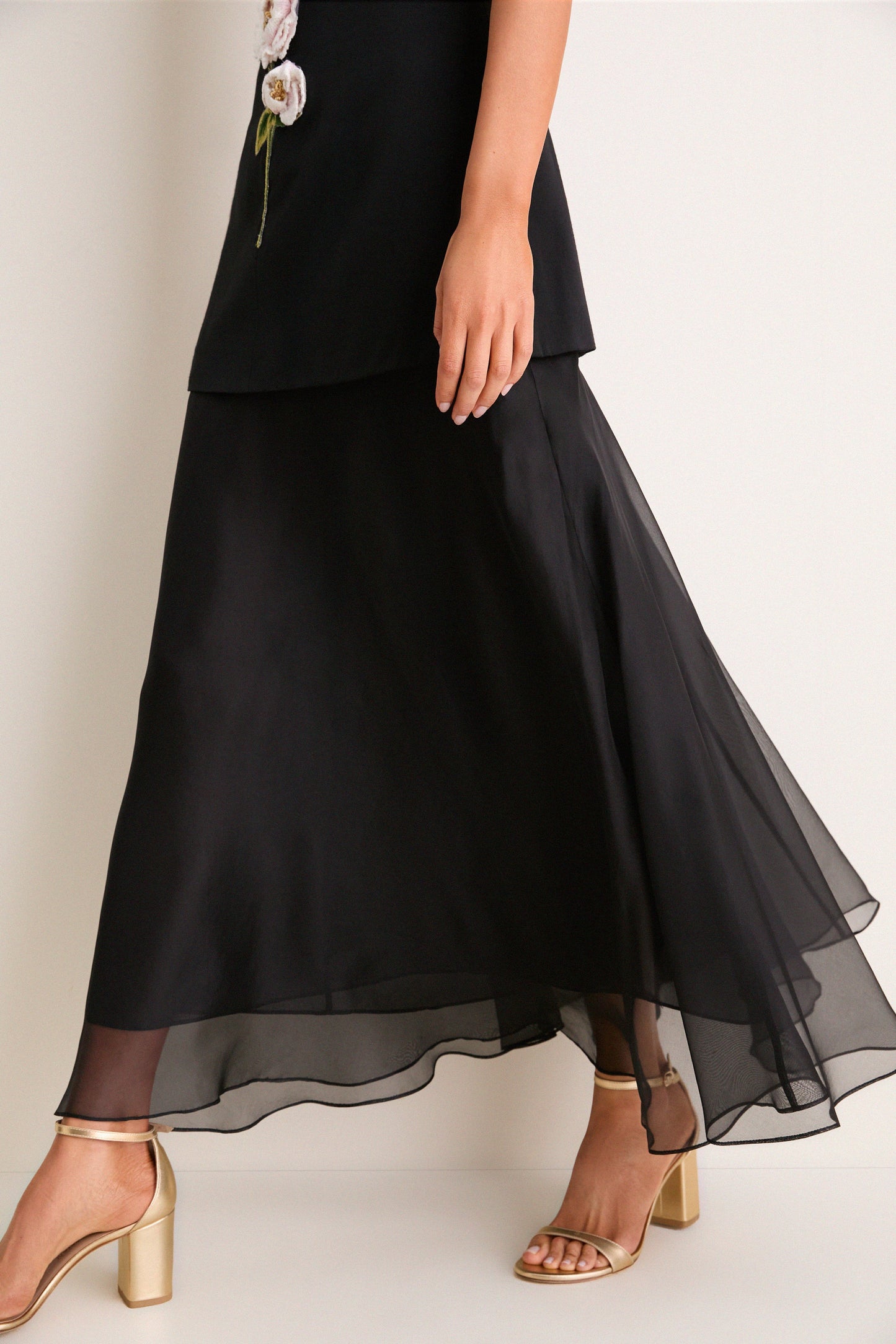 Black and Pink Peony Embroidered V Neck Dress